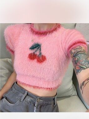 Pink Fuzzy Cherry Crop Top